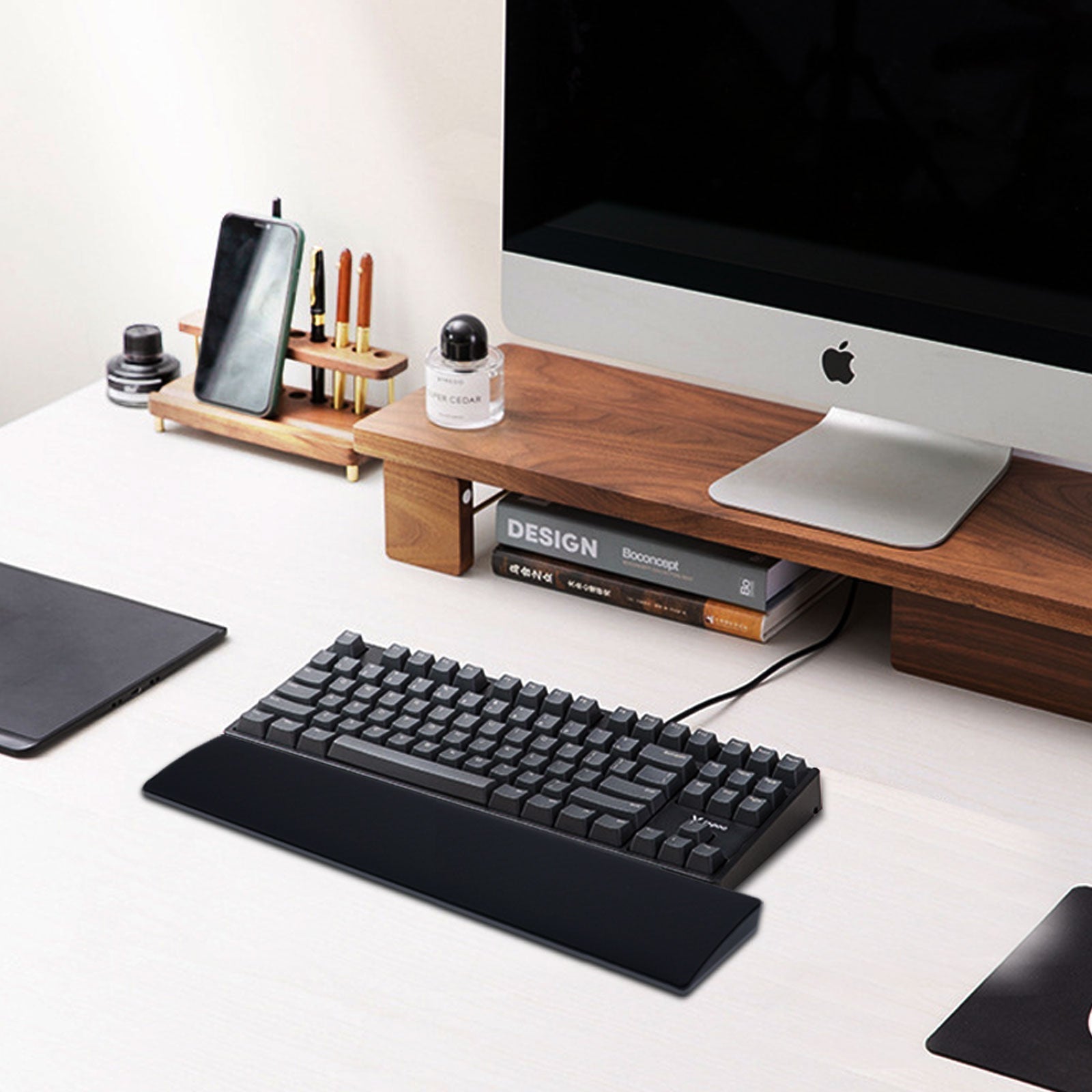 Black MonsGeek Wrist Rest and keyboard on the desk