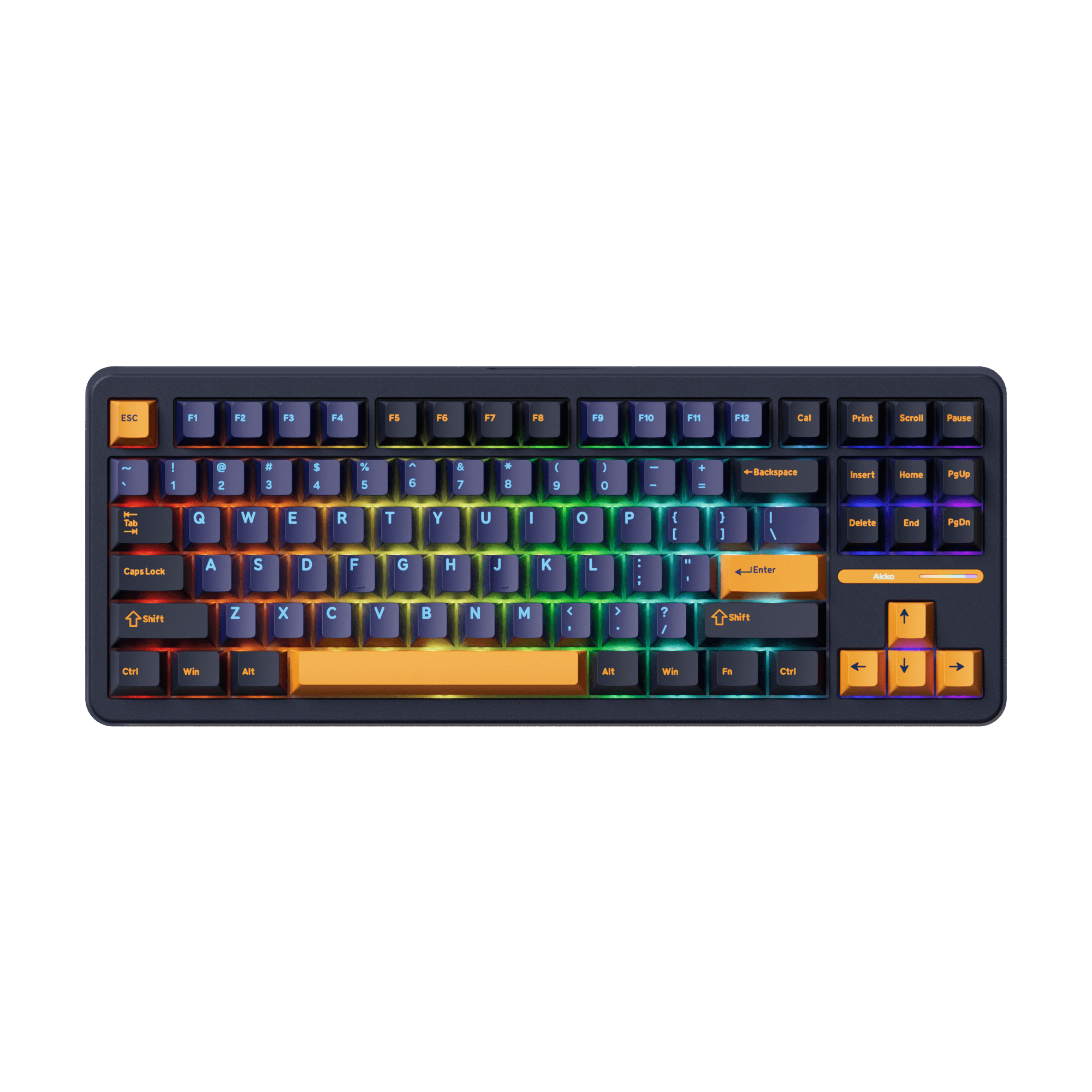 Akko TAC87 Mechanical keyboard with RGB lighting on a black background