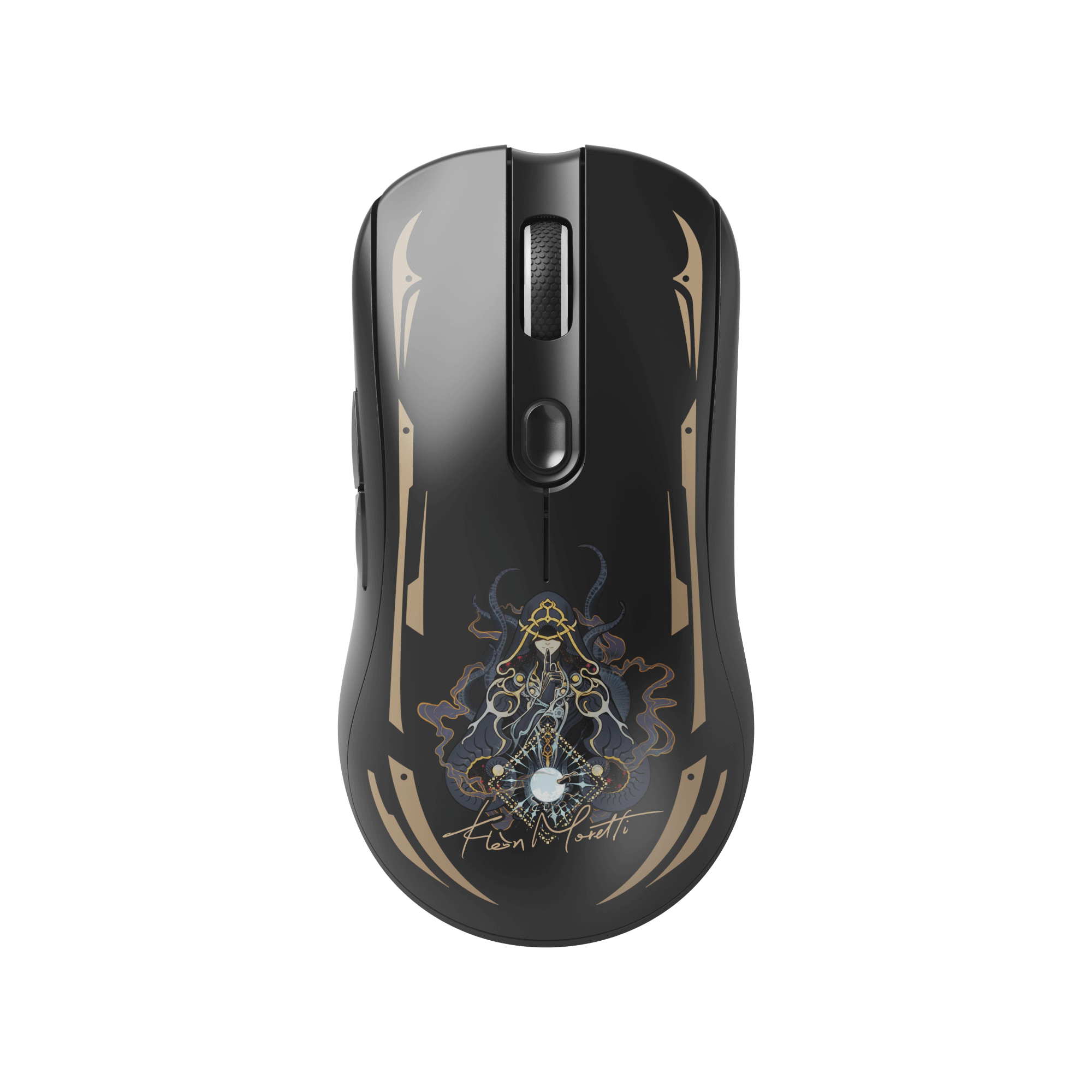 Limited edition AKKO x Lord of the Mysteries gaming mouse with a character illustration on the bottom.