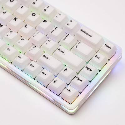 Close-up of a Verve68 HE keyboard with RGB backlighting on a light background